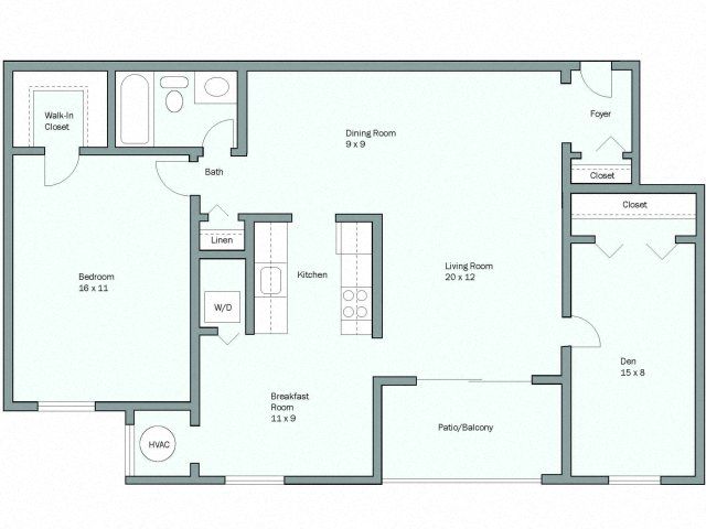 Floor plan for 1 bed, 1 bath, 1057 sqft